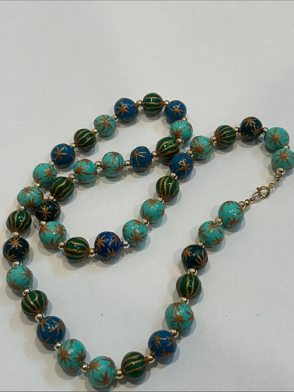 Vintage mermaid Teal, Blue, Green Beaded Necklace hand painted Gold Star Accents